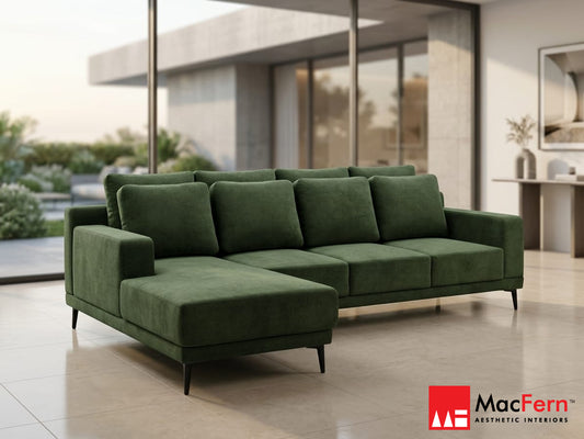 MF Fabric RHS Sectional Sofa (3+ Lounger) In Green Colour