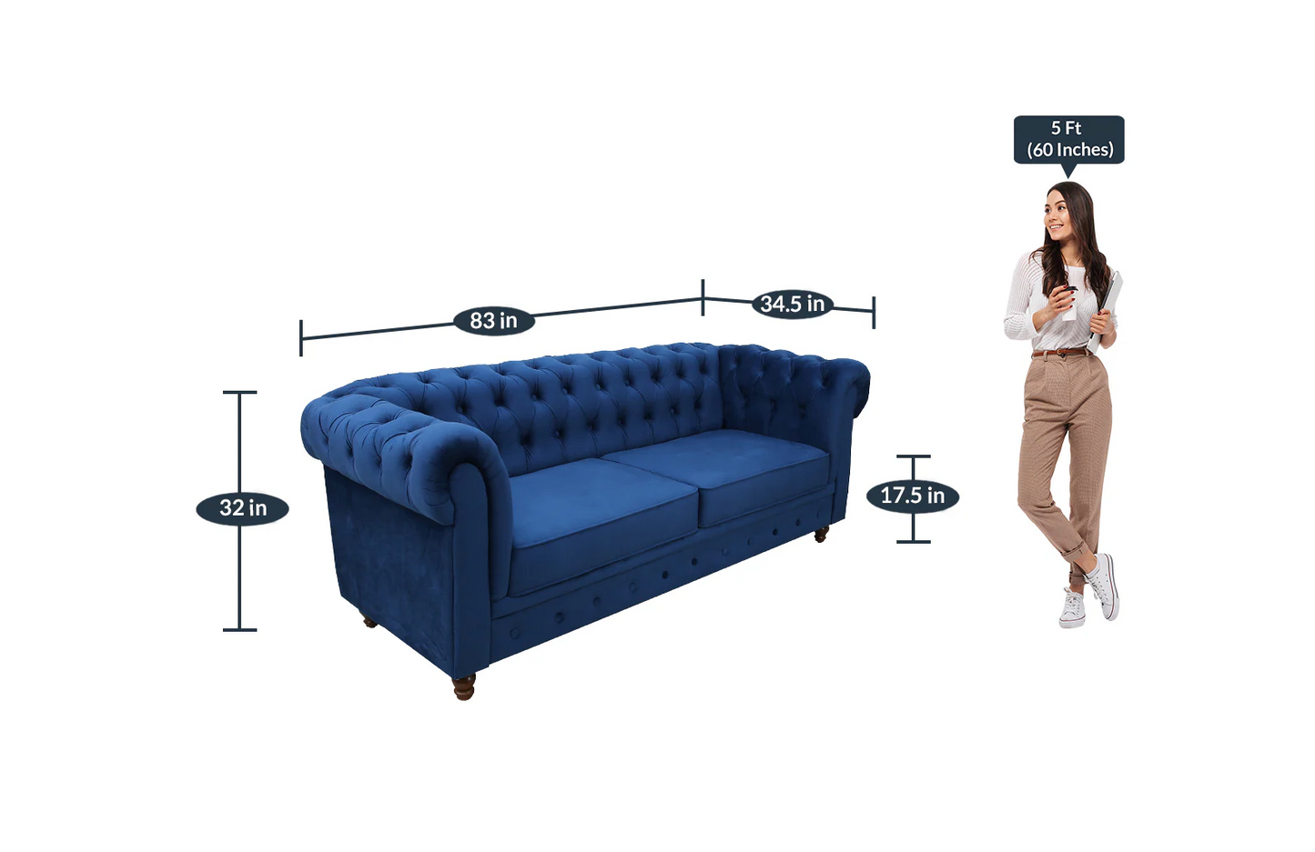 Macfern Cheshire Velvet 3 Seater Sofa In Royal Blue Colour