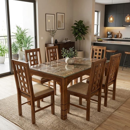 Sedona Lattice" 6 seater, glass top, teak color dining set