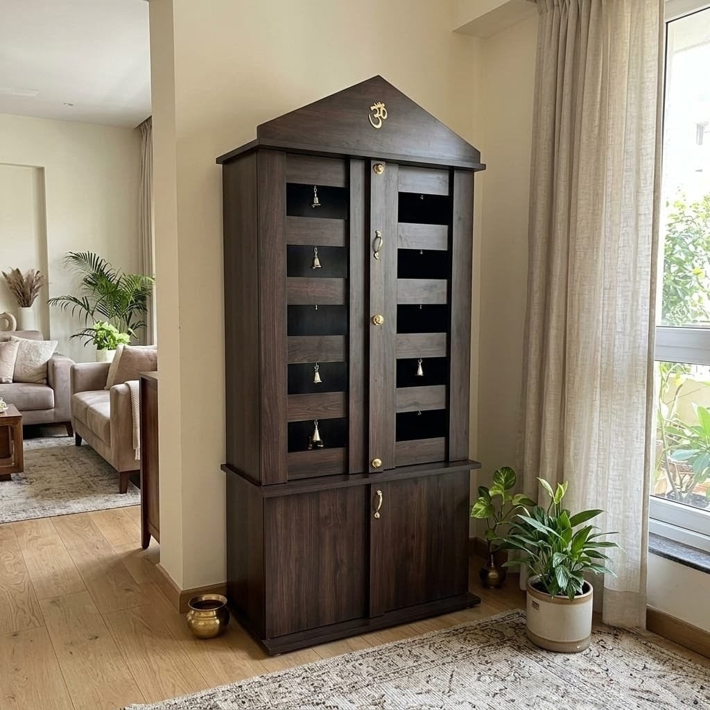 "Ananta Shikhar"Dark Wooden Pooja Cabinet with Storage & Bell Doors