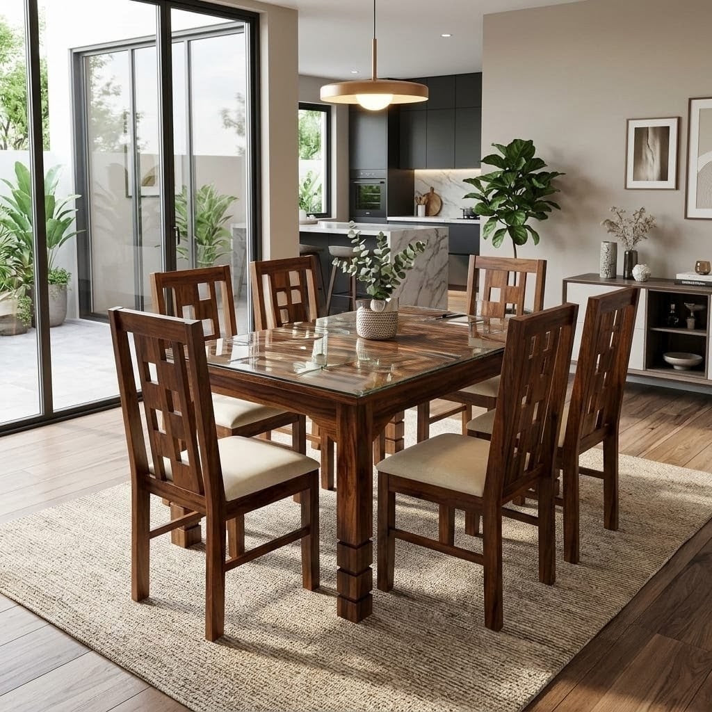 Sedona Lattice" 6 seater, glass top, teak color dining set