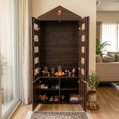 "Ananta Shikhar"Dark Wooden Pooja Cabinet with Storage & Bell Doors