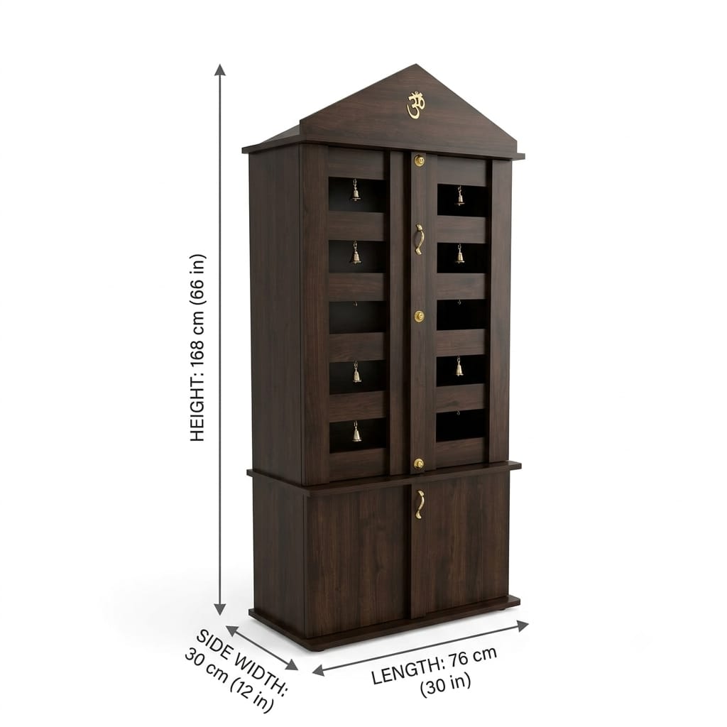 "Ananta Shikhar"Dark Wooden Pooja Cabinet with Storage & Bell Doors